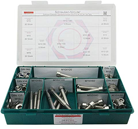 Sortiment M10 DIN 912 Edelstahl A4 (V4A) Zylinderschrauben (Innensechskant) - Set bestehend aus Schrauben, Unterlegscheiben (DIN 125, 127, 9021) und Muttern (DIN 934, 985) - 144 Teile