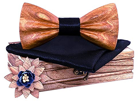 Lovacely Handgefertigte Herren-Fliege aus Naturholz, 3D-Design, mit Einstecktuch und Ansteckblume aus Holz, Zebra-Schwarz, Einheitsgröße