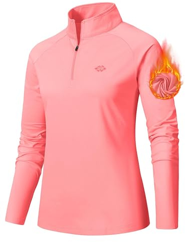 AjezMax Damen Sportshirt Langarm 1/4 Reißverschluss Fleece Longsleeve Laufshirt Warm Funktionsshirt Stretch Sport Langarmshirt für Jogging Yoga Rosa Größe L