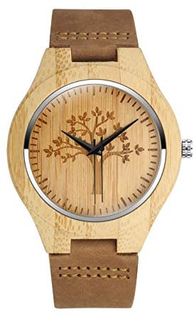 MicLee Herren Damen Unisex Bambus Baum des Lebens Lebensbaum Muster Holzuhr Analog Quarzwerk Armbanduhr mit Lederband Für Frauen Männer Geschenke