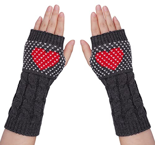 Handwärmer Gestrickte Fingerlose Skull Handschuhe Fäustling Handgelenk Armwärmer Lang Armstulpen Winterhandschuhe Arm Strickhandschuhe Halbfinger Pulswärmer für Damen Mädchen (Dunkelgrau Herz)