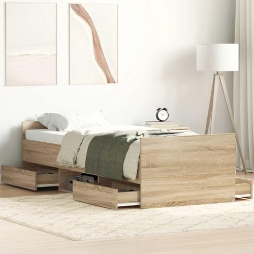 Owoxanthellate Bettgestell Sonoma Eiche 100x200 cm mit Kopf und Fußteil Massivholz Lattenrost Stauraum Gästebett Möbel komplett für Schlafzimmer Jugendzimmer Gästezimmer