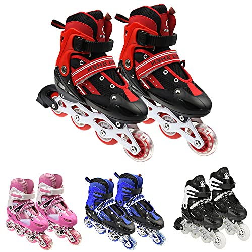 Inliner Mit Leucht PU Räder, Kinder Inline Skates Verstellbar Leichte Inline Skates(S/M/L) ABEC 7-Lagern Triple Protection, Rollschuhe für Kinder/Jungen/Mädchen(Größe M - rot)