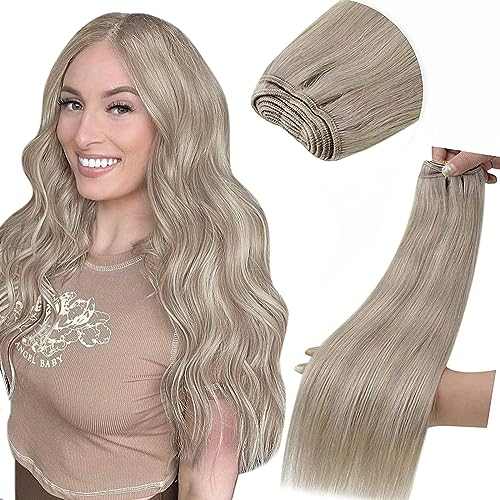LaaVoo 55cm Haartressen Echthaar Zum Einnähen Blond Sew in Weft Hair Extensions Echthaar Aschblond Highlight Platinblond Extensions Tressen Echthaar Lang #P19/60 100g