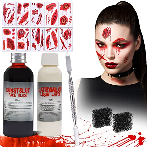 100ml Kunstblut,60 ml Latexmilch,10 Halloween Tattoo,Auswaschbar Fake Blood und Liquid Latex Set mit Make-up Schwamm, Spatel, Halloween Zombie Vampir Wundschorf Schminke für Kinder Erwachsene