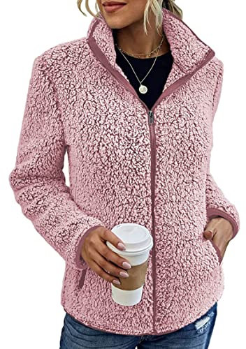 shownicer Veste Chaude Femme Veste Polaire Douce à Manches Longues et Fermeture éclair Mode Hiver Chaud Manteau avec Poches A Rose XL