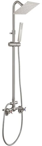 Cinwiny Set doccia da esterno con montaggio a parete in nichel spazzolato da 15,2 cm con doccetta a mano, doppio manico incrociato con barra scorrevole regolabile, kit doccia esterno doppio