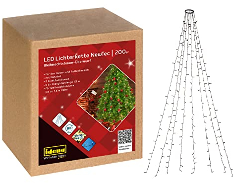 Idena 31040 - NewTec LED fairy lights para interior y exterior 200 LED blanco cálido, cubierta de árbol de Navidad con 8 filamentos, 8 ajustes de luz, fuente de alimentación y temporizador de 8 horas