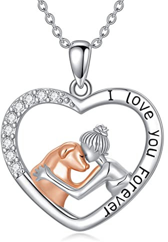 ROMANTICWORK Hund und Mädchen Kette 925 Sterling Silber Liebe Herz Hund Anhänger Halskette Hund Schmuck Geschenke für Frauen Mädchen Tochter