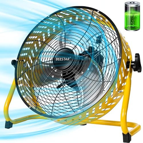 BEESTAR Battery Operated Fan, 12 Inch Rechargeable Fan Portable,High Velocity Fan with Metal Blade Run Up to 30 Hours, Battery Powered Fan for Garage, Backyard, Camping, Travel (yellow)