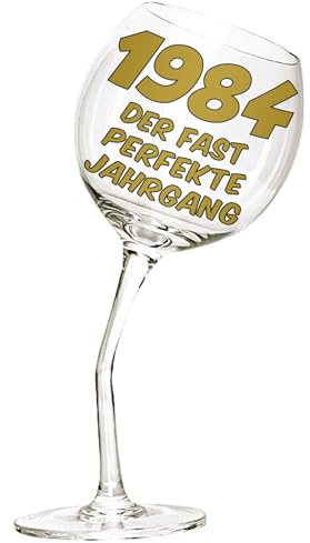 Bombo Weinglas mit gebogenem Stiel für den 40. Geburtstag mit Inschrift in Deutsch.