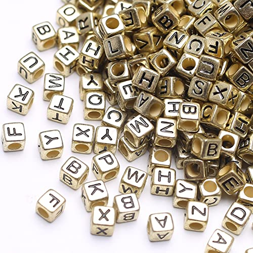 HERZWILD buchstabenperlen zum auffädeln ca.1000pcs 6x6mm buchstaben perlen viereckig bastelnperlen Buchstaben A-Z perlen für Schmuck Basteln (black-gold)