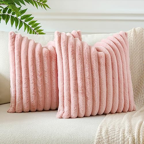 JOTOM 2er Set Doppelseitige Kunstpelz Plüsch Kissenbezüge, Dekorative Weich Kissenbezug Moderne Kissenhülle Sofakissen Zierkissenbezug für Wohnzimmer Schlafzimmer Deko (45x45cm, Rosa)