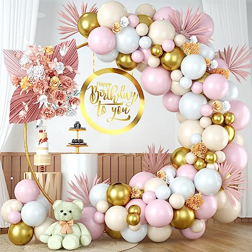 Pink Beige Gold Balloon Arch Garland Kit, 109 Pieces Blush Pastel Pink Peach Pink Gold Beige White Sand Latex Balloon Garland Kit for Girls Women Birthday Baby Bridal Shower Wedding Party Decorations