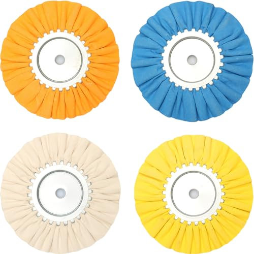 4pcs 8'' Airway Buffing Wheel Kit (White/Orange/Blue/Yellow), 5/8'' Arbor Hole, 16 Ply Fine, Medium, Coarse, Hard Stainless Steel Polishing Kit for Angle Grinder Mirror Finish on Aluminum
