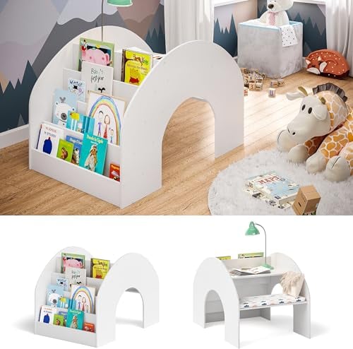 Bellabino 'Vily' 2in1 Kinderbücherregal und Schreibtisch, Montessori Regal für Kinder mit 4 Ablagefächern in weiß lackiert, Spielzeug Aufbewahrung mit Lernfläche aus Birke Sperrholz