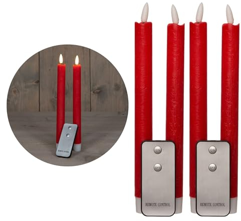 Stabkerzen LED mit Timer ROT 4 Stück ROT indoor - 6 Stunden - ECHTWACHS 23cm Höhe für Kerzen 2,2cm Durchmesser 2 AAA Batterien notwendig LED Stabkerzen flackernde Flamme bewegliche Flamme Licht