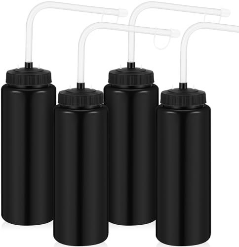 Domensi Sport-Trinkflasche mit langem Strohhalm, Hockey-Lacrosse-Wasserflasche mit Strohhalm, BPA-frei, Kunststoff, für Fußball, Baseball, Fitnessstudio, Schwarz, klassisch, 4 Stück