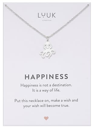 LUUK LIFESTYLE Filigrane Halsketten mit Anhänger und Karte mit HAPPINESS Spruch, zeitloses Design und moderne Motive, in Silber, Gold und Rosegold