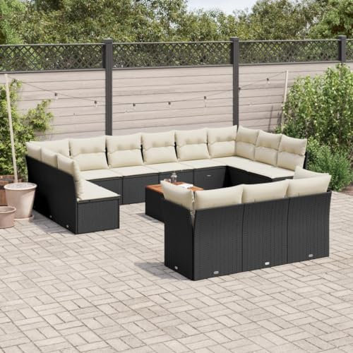 QJBSAVVA 14-TLG. Garten-Sofagarnitur, Essgruppe Eckbankgruppe Balkon Sofa Gartenset Tisch Und Stühle Geeignet für Garten Balkon Wenig Platz Außen mit Kissen Schwarz Poly Rattan