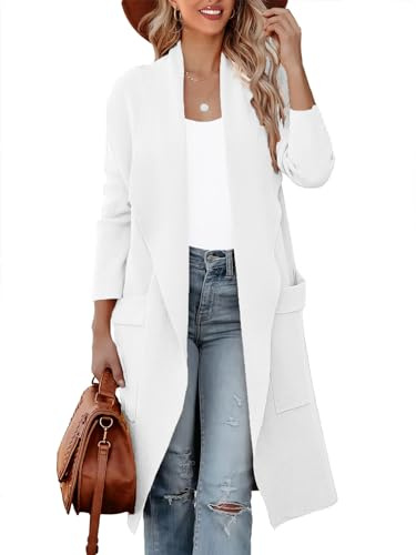 kinstell Women's Casual Long Sleeve Open Front Knit Draped Long Cardigan Jackets Sweater Coat Blazer with Pockets Ivory
