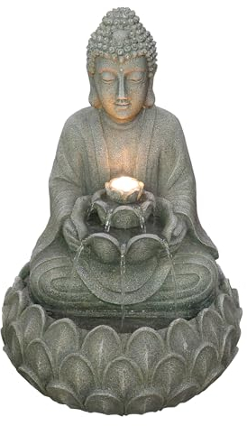 Dehner Gartenbrunnen Yoga, Solarbrunnen frostbeständig, Brunnen für Außen, mit LED Beleuchtung, ca. 55 x 36.5 x 36.5 cm, Polyresin, grau