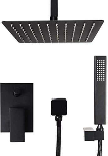Duschsystem, quadratisches Badezimmer-Design, Deckenmontage-Duschset, schwarze Dusche mit Wasserhahn, Badewannen-Umstellmischer und ultradünnem 8–12-Zoll-Regenduschkopf, Luxus-Duschset, 8 Zo