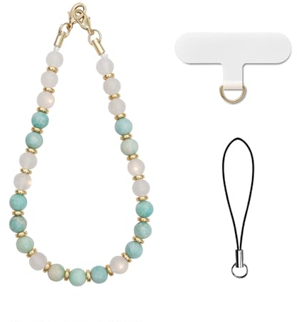 AOKSUNOVA Cadena para teléfono móvil, colgante de piedras, cadena universal corta con perlas, colgante para teléfono móvil, color verde