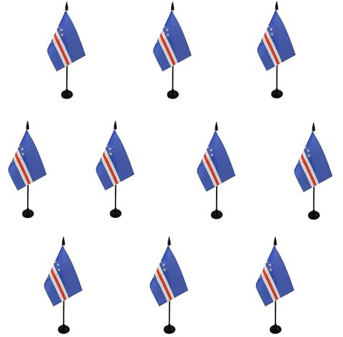 AZ FLAG - Lot de 10 Drapeau De Table Cap Vert - 15x10 cm - 10 Mini Drapeaux Cap-Verdien De Bureau 100% Polyester Avec Hampe De 25cm Et Socle En Plastique Noir