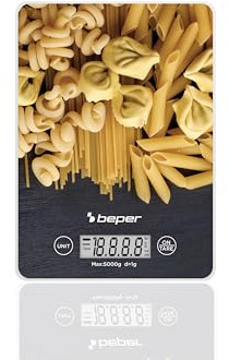 BEPER P102BIL003 Digitale Waage, Platte aus gehärtetem Glas, Küchenwaage mit LCD-Display und Touch-Tasten, Tara-Funktion, maximale Tragkraft 5 kg, automatische Abschaltung, Pasta-Motiv