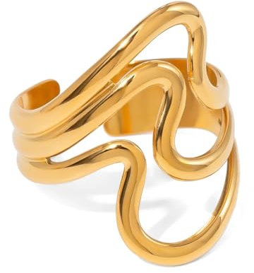 DJADEE Damen Wellen Ring Gold 750 vergoldet, 18 Karat Edelstahl Hypoallergen Wasserfest Größe verstellbar, UVP:29,90€