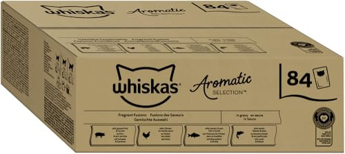 WHISKAS Aromatic Selection Multipack Katzennassfutter 1+, 84x85g - 4 Geschmacksrichtungen: Schwein, Huhn, Lachs, Meeresfisch in Sauce
