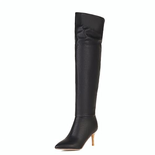 GZHMMAN Stivali alti al ginocchio da donna Stivali sotto il ginocchio a punta Woodgrain Stivaletti alti tacchi alti 8 cm alti, nero, 37