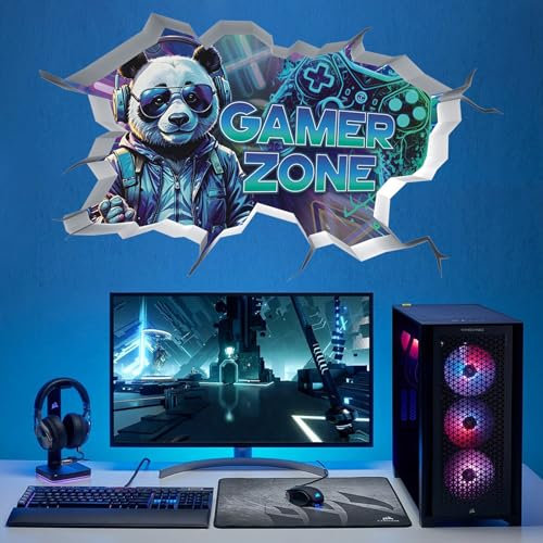 ANHUIB 3D Gaming Wall Decals Blue Gamer Wall Stickers Gaming Room Decor Gamer Zone Peel and Stick Art Decal Xbox Decals Teenagers Boy Bedroom Playroom Wall Decoration Panda Game Bedroom Accessories