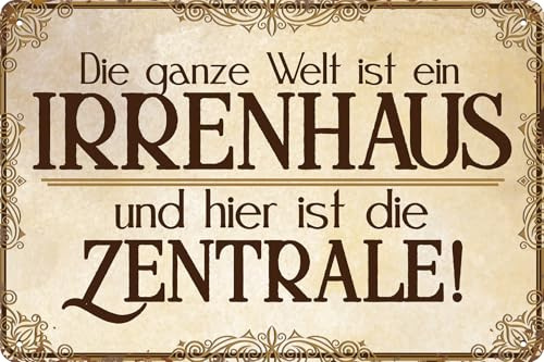 Großes 30 x 40 cm Blechschild, Wandschild, Türschild für Büro, Arbeit und Zahause: Die ganze Welt ist ein Irrenhaus und hier ist die Zentrale