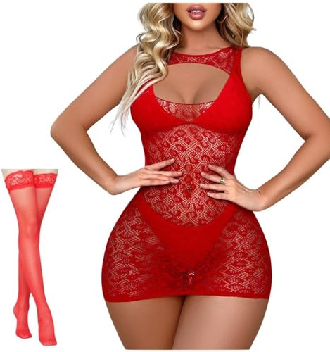 NLAND Dam sexiga underkläder fisknät miniklänning genomskinlig spets nalle babydoll babydoll nattlinnen med höga lårstrumpor ärmlös nattlinne babydoll