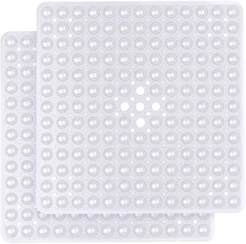 MOONLIGHT20015 Square Shower Mat Non Slip Anti Mould 2 Pack - 53x53cm Shower Mats for Inside Shower with Strong Suction Cups Grip and Drain Holes - Soft Touch Machine Washable (Clear)