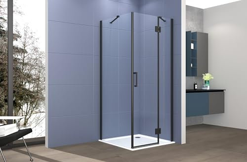 Box doccia 2 lati 70x70 cm fisso + porta un battente H200 cm cristallo 6mm profilo Nero Opaco PIPPO