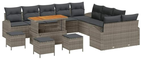 vidaXL 14-teiliges Gartensofa-Set mit Kissen in Grau aus Poly Rattan und Akazie für den Außenbereich. Perfekt für Terrasse, Frühling, Sommer oder als Lounge im Wohnzimmer.