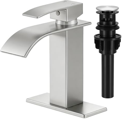 LUFG Bathroom Faucets Brushed Nickel Waterfall Bathroom Sink Faucet Modern Single Handle Bathroom Faucet for 1 or 3 Hole Mxier Tap Washbasin Faucet with Deck, Pop-up Drain and Supply Hoses