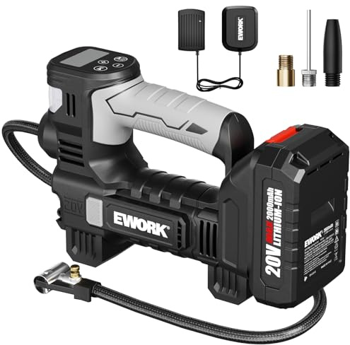 EWORK 20V Tire Inflator Portable Air Compressor, Cordless Car Tire Pump with 2.0Ah Battery, 150 PSI, Inflates in 3 Mins, +/-0.5 PSI Accuracy,Auto-Stop & Rubber Grip for Car, Motorcycle, Bike