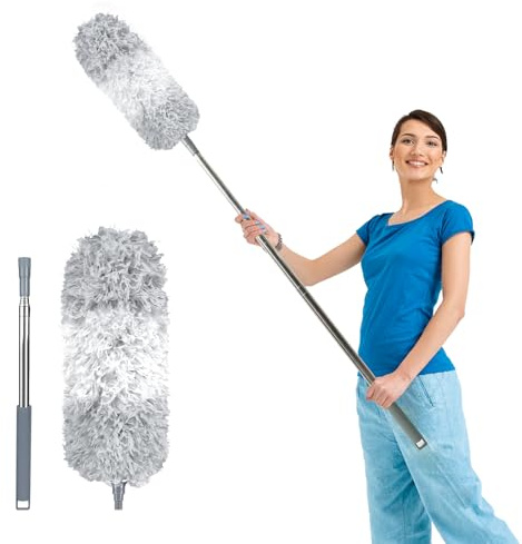 Fogray Extendable Feather Duster, Bendable Microfiber Long Handled with Extra Telescopic Extending Pole and Soft Silicone Cap, Washable Duster for Cleaning Roof, High Ceiling Fan, Blinds(Gray & White)