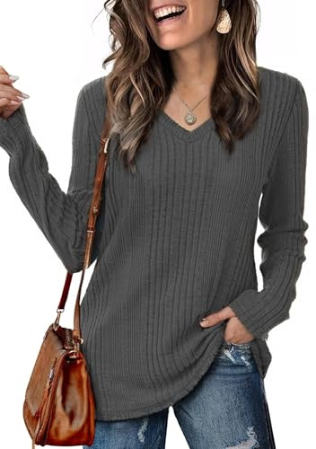 GLEENOD Jersey Mujer Cuello en V Manga Larga Punto Ligero Básico | Cuello en V, manga larga, punto ligero, color liso, básico para el día a día