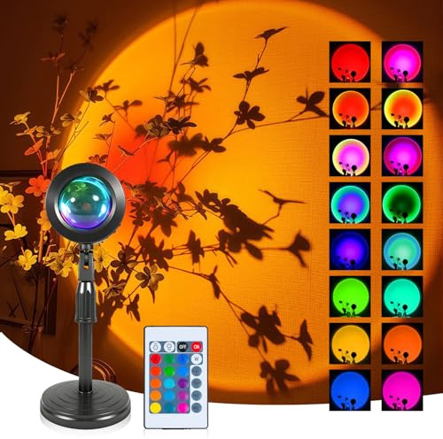 AMFUN 16 Farben Sunset Lamp, Sonnenuntergangs Lampe Fernbedienung, 360 ° Drehbares Modernes Romantisches Visuelles Umgebungslicht, für Schlafzimmer, Fotografie, Party [Energieklasse F]
