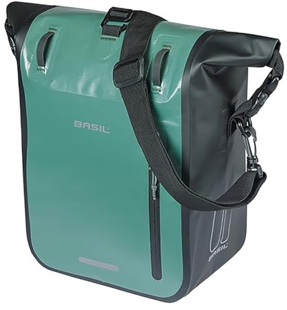 Basil Rivo Einzelne Fahrradtasche Gepäckträger – Wasserdicht 12-15L – Reflektierend – aus Tarpaulin – Mit MIK Hooks – 25X14X38 cm – Grün