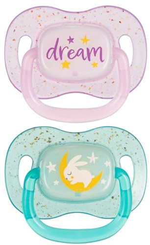 Canpol babies Silikon Schnuller symmetrisch NightGlow 2 St. Symmetrischer, weicher Silikonsauger, antiallergisch, kleine, belüftete Schild, mit Sterilisationsetui (Rosa, 0-6 m)