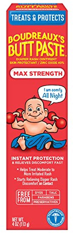 Boudreaux’s Butt Paste Max Strength Diaper Rash Cream for Baby, Ointment With Zinc Oxide, 4 oz Tube