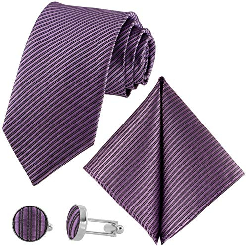GASSANI 3-SET Violette Krawatte Streifen gestreift | Binder Lila Manschettenknöpfe Einstecktuch | Krawattenset zum Anzug Seide-Optik