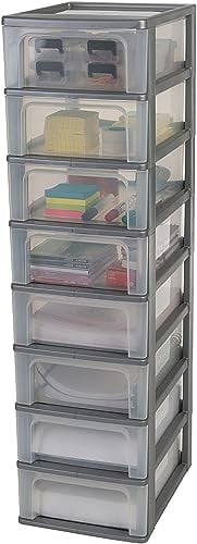Iris Ohyama, Kunststoff Schubladenbox mit 8 flachen Schubladen, Silber, Easy-Pull-System, A4, A5 & A6 Format, Schreibtisch Organizer für Büro, Schule, Schreibwaren, BPA-frei, Schubladenschrank,