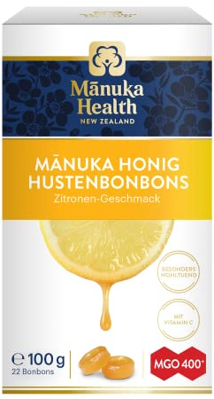 Manuka Health - MGO 400 + Zitronen Lutschbonbons 100 g - 100% Pur aus Neuseeland mit zertifiziertem Methylglyoxal Gehalt und Vitamin C Bonbons